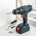 Cordless Drill with Bits and Fasteners on White Background, DIY , Tools Royalty Free Stock Photo