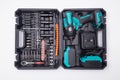 Cordless impact wrench power tool kit with assorted bits and charger in storage case Royalty Free Stock Photo