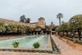 Cordoba, Andalusia, Spain: Alcazar of Christian Kings in Cordoba, old fortress and park with pool, in rainy weather.