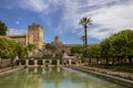 Cordoba, Andalusia, Spain - November 3, 2021: Fountain, orange trees, part of the stone wall and the Alcazar tower