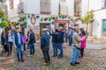 CORDOBA, SPAIN - NOVEMBER 5, 2017: Group of turist at a small square at Calleja de las Flores street in Cordoba, Spa