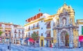 Panorama of Calle Capitulares street with San Pablo Church gate, on Sep 30 in Cordoba, Spain