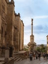 View of the Triunfo de San Rafael monument and the walls of the Mesquita Cathedral of Cordoba