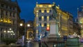 Cordusio Square and Dante street with surrounding palaces, houses and buildings day to night timelapse