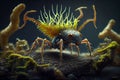 Cordyceps parasitic fungus growing on an ant, 3D illustration