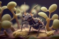 Cordyceps parasitic fungus growing on an ant, 3D illustration