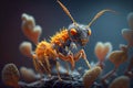 Cordyceps parasitic fungus growing on an ant, 3D illustration