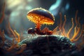 Cordyceps parasitic fungus growing on an ant, 3D illustration