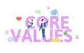 Core Values. Concept table with people, letters and icons. Colored flat vector illustration on white background.