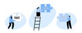 Core Values Concept. Tiny Businesspeople Characters Stand On Ladder Holding Huge Puzzle Piece With Basic Principles