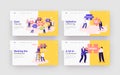 Core Values Landing Page Template Set. Tiny Businesspeople Characters Holding Huge Puzzle with Basic Business Principles