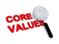 Core values with magnifying glass on white