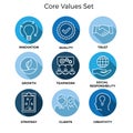 Core Values - Mission, integrity value icon set with vision, hon