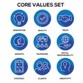 Core Values - Mission, integrity value icon set with vision, hon