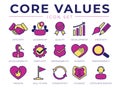 Core Values Retro Icon Set. Integrity, Leadership, Quality and Development, Creativity, Accountability, Dependability,