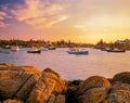 Corea Harbor glows at sunset in Maine , USA