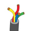 4 cores screened insulated wire. Multicore electric cable. Vector illustration. Simple stock cartoon image. red blue yellow green