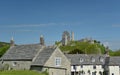 Corfe Castle above village in Dorset Royalty Free Stock Photo