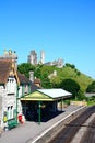 Corfe Railway Station and Castle. Royalty Free Stock Photo