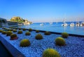 Corflu island castle, liight and church of st george by the sea , greece Royalty Free Stock Photo