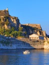 Corflu island castle, liight and church of st george by the sea , greece Royalty Free Stock Photo