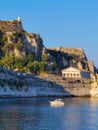 Corflu island castle, liight and church of st george by the sea , greece Royalty Free Stock Photo