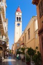 CORFU-AUGUST 24: The bell tower of the Saint Spyridon Church in Kerkyra on August 24,2013 on Corfu island, Greece. Royalty Free Stock Photo