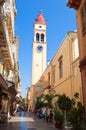 CORFU-AUGUST 24: The Saint Spyridon Church bell tower in Kerkyra on August 24,2014 on the island of Corfu, in Greece. Royalty Free Stock Photo