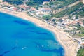 Corfu beach coastline birds eye view. Typical sand beach