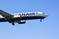 CORFU, GREECE - APRIL 8, 2018: Modern passenger airplane of Ryanair airlines before landing at Corfu island airport, Greece Royalty Free Stock Photo