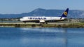 CORFU, GREECE - APRIL 8, 2018: Modern passenger airplane of Ryanair airlines on runway before take off in airport of Corfu island,