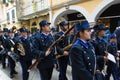 CORFU, GREECE - APRIL 29, 2016: Philharmonic musicians playing in Corfu Easter holiday celebrations.