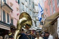 CORFU, GREECE - APRIL 29, 2016: Philharmonic musicians playing in Corfu Easter holiday celebrations.