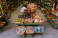 CORFU, GREECE - APRIL 7, 2018: A store that sales traditional for Corfu Island kumquat liqueur and kumquat fruits. Products from