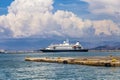 Corfu, GREECE, August 2022. small cruise ship Yacht Sea Dream 2 operated by Sea Dream yacht club docked at the cruise terminal of Royalty Free Stock Photo