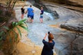 Corfu, Greece - March 2018 Family on Nature Trip Vacation. Mother Taking Photos of her Husband and Kids. Dad and