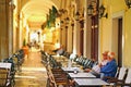 Corfu, Greece, October 18, 2018, the Liston is a famous building in Spianada Square where locals and tourists relax in the many