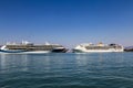 Corfu, GREECE, September, 2018. Big cruise ship liners Mariella Discovery and Costa Victoria docked at the cruise terminal of the
