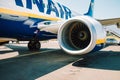 Corfu, Greece - September 2021. Boeing 737 of Ryanair arrival to Kerkyra in airport. Irish low-cost airline. Details of