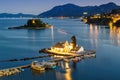 Corfu Greece Vlachernon Vlacherna church Kanoni island night traveling sea