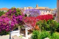 Corfu island garden park colorful trees flowers, classical Greek old houses buildings architecture of Greece Corfu island Kerkyra Royalty Free Stock Photo