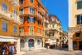 CORFU ISLAND, GREECE, JUN,06, 2014: Kerkyra downtown classical Greek old houses buildings architecture of Greece Corfu island. Gre Royalty Free Stock Photo