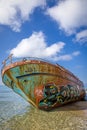 Corfu island, Greece - 15 Oct 2019: Wreck of a fishing boat on Corfu island