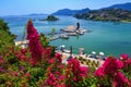 Corfu Island. Kerkyra Greece. Beautiful Vlacherna Monastery and Mouse island. Pontikonisi Beautiful colorful island for summer