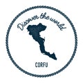 Corfu map in vintage discover the world insignia.
