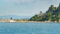 Corfu, Panorama on the Kanoni peninsula and the Paraya monastery on the island of Vlacherna