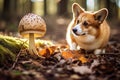 Corgi in autumn woods looking a large toadstool mushroom