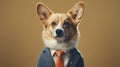 A corgi in a business suit stands on a beige