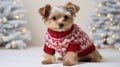 Corgi Christmas background. Xmas Welsh Corgi Pembroke dog portrait wearing Christmas red sweater for Christmas postcard Royalty Free Stock Photo