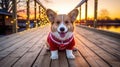 Corgi Christmas background. Xmas Welsh Corgi Pembroke dog portrait wearing Christmas red sweater for Christmas postcard Royalty Free Stock Photo